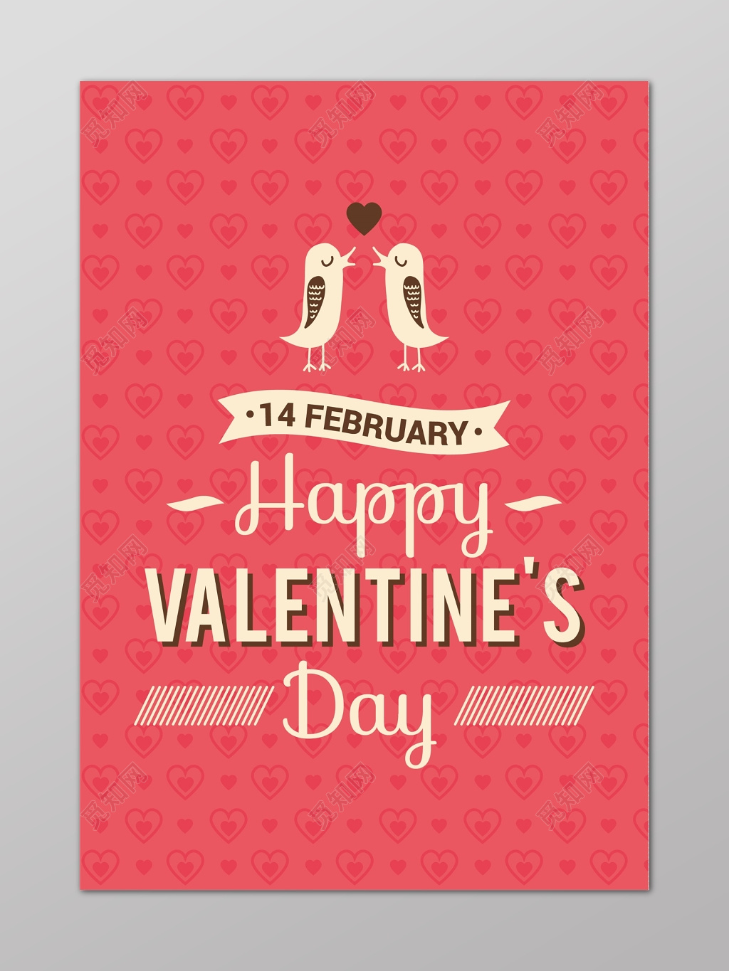 红色手绘亲吻鸟情人节卡片贺卡