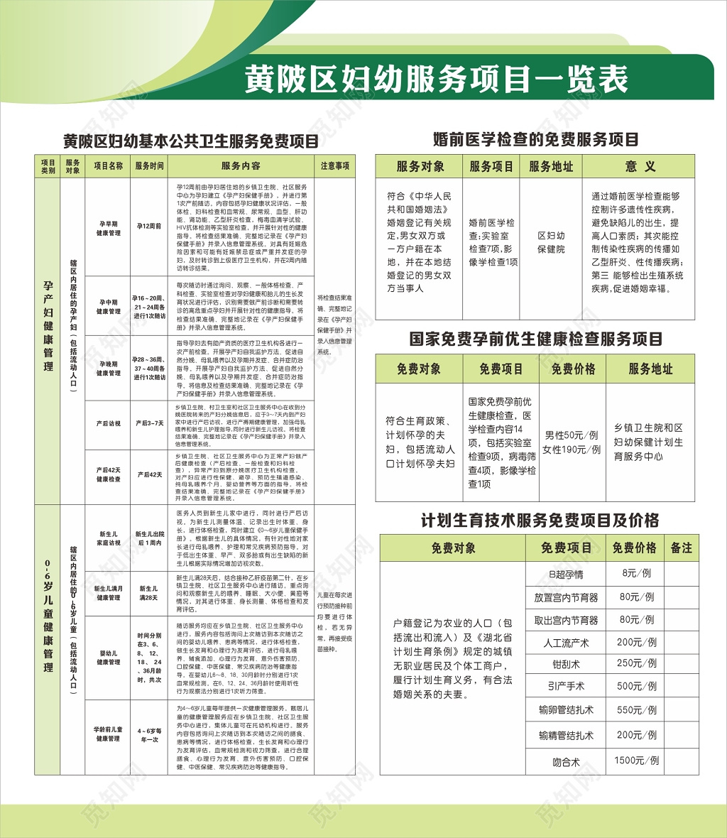 妇幼婚检计划生育服务项目一览表海报