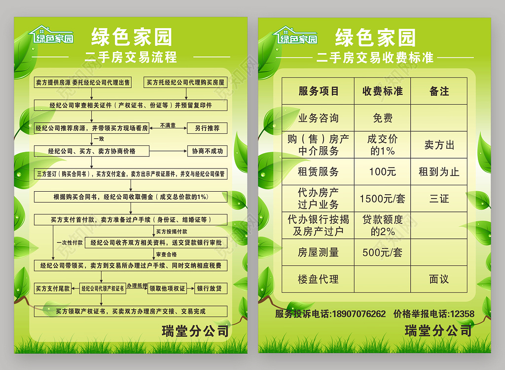 绿色家园二手房交易流程收费标准海报