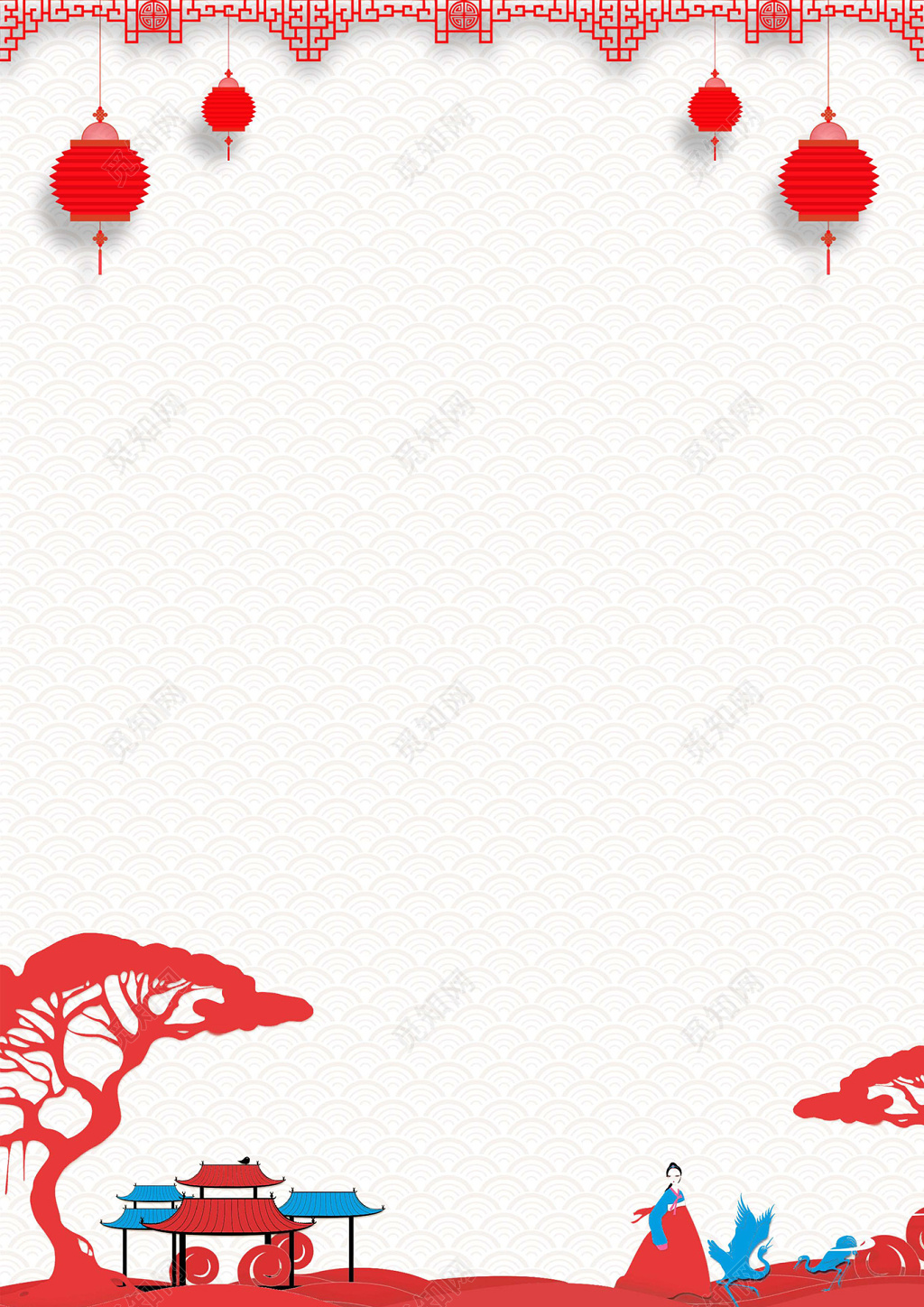 中国风插画人物建筑灯笼2019猪年新年春节信纸贺卡