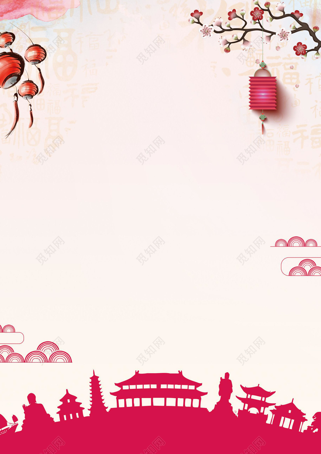 红色建筑中国风灯笼气球梅花2019猪年新年春节信纸贺卡