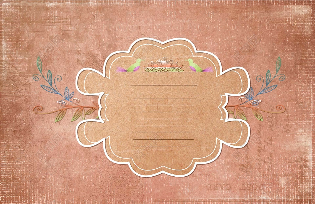 深粉色手绘花草鸟森系少女浪漫信纸