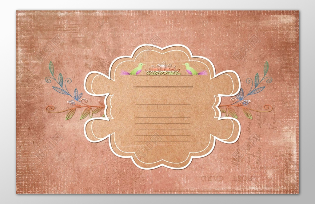 深粉色手绘花草鸟森系少女浪漫信纸