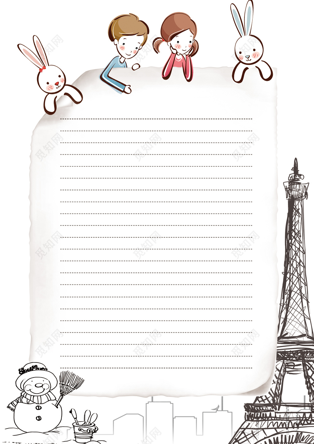 简约卡通童年雪人铁塔浪漫唯美信纸