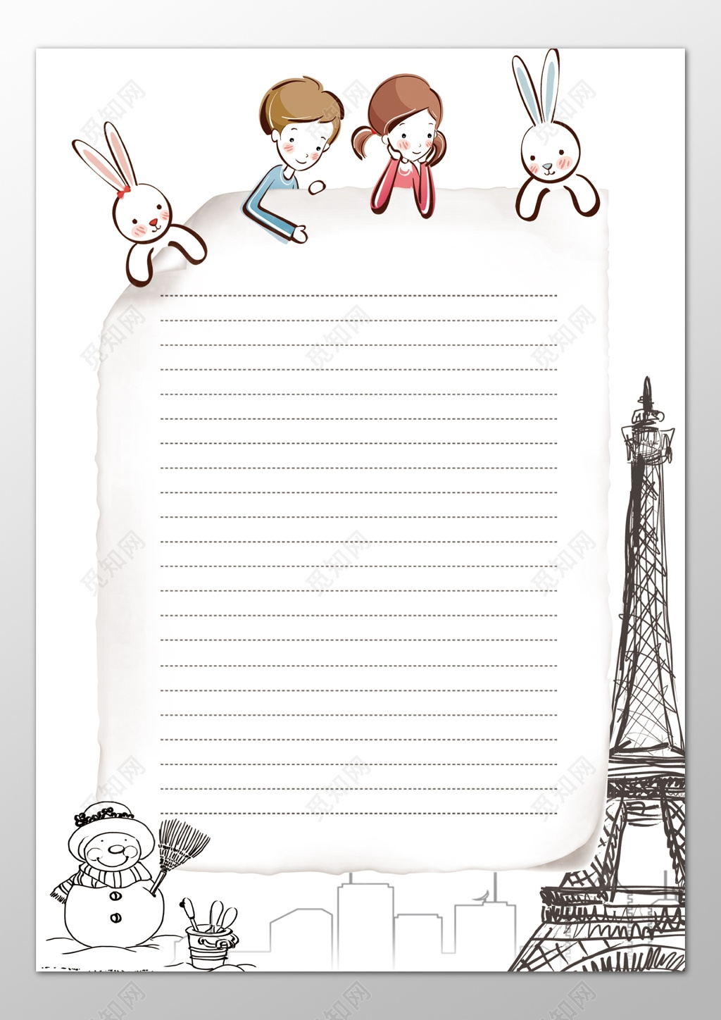 简约卡通童年雪人铁塔浪漫唯美信纸