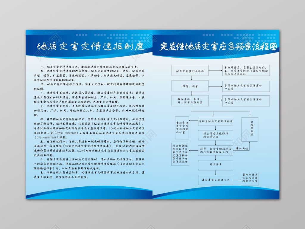 蓝色汛期灾害流程公司生产管理制度海报