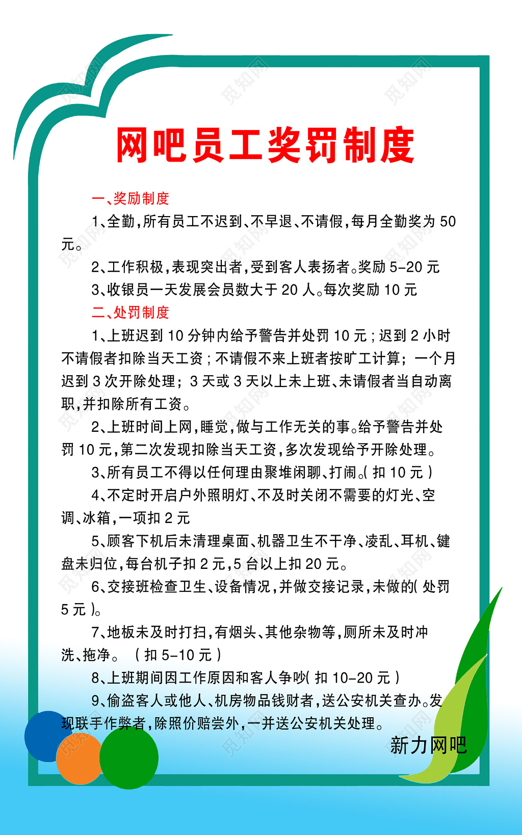 网吧员工奖罚制度海报