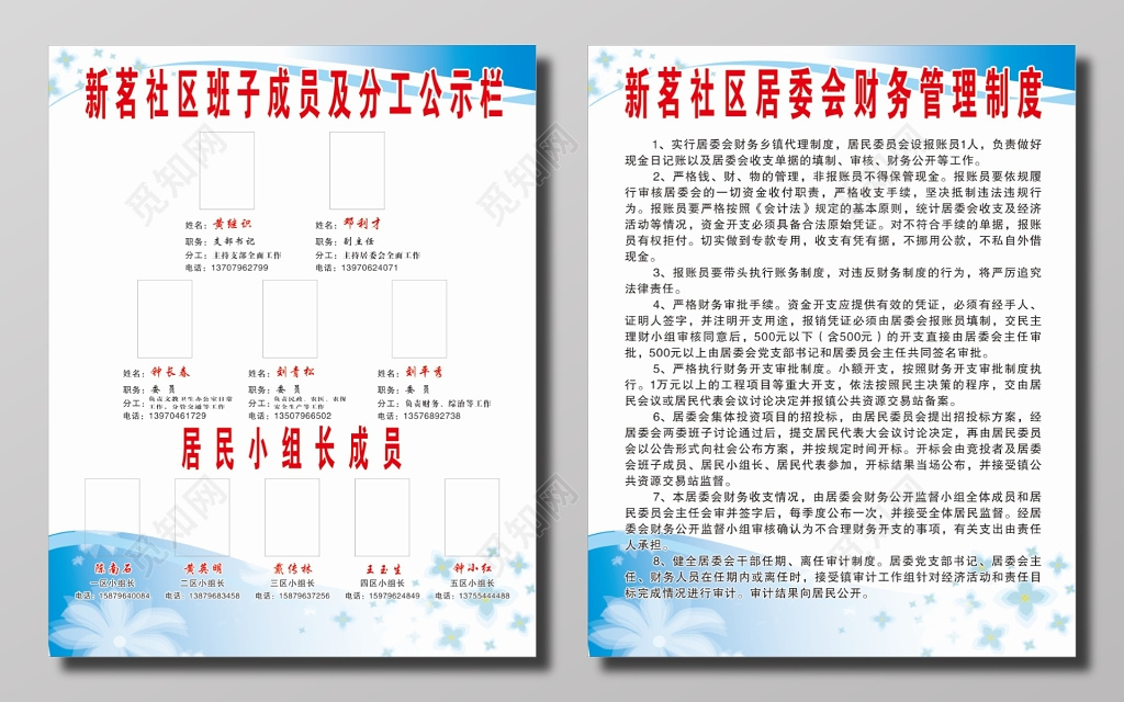社区班子成员及分工公示栏 