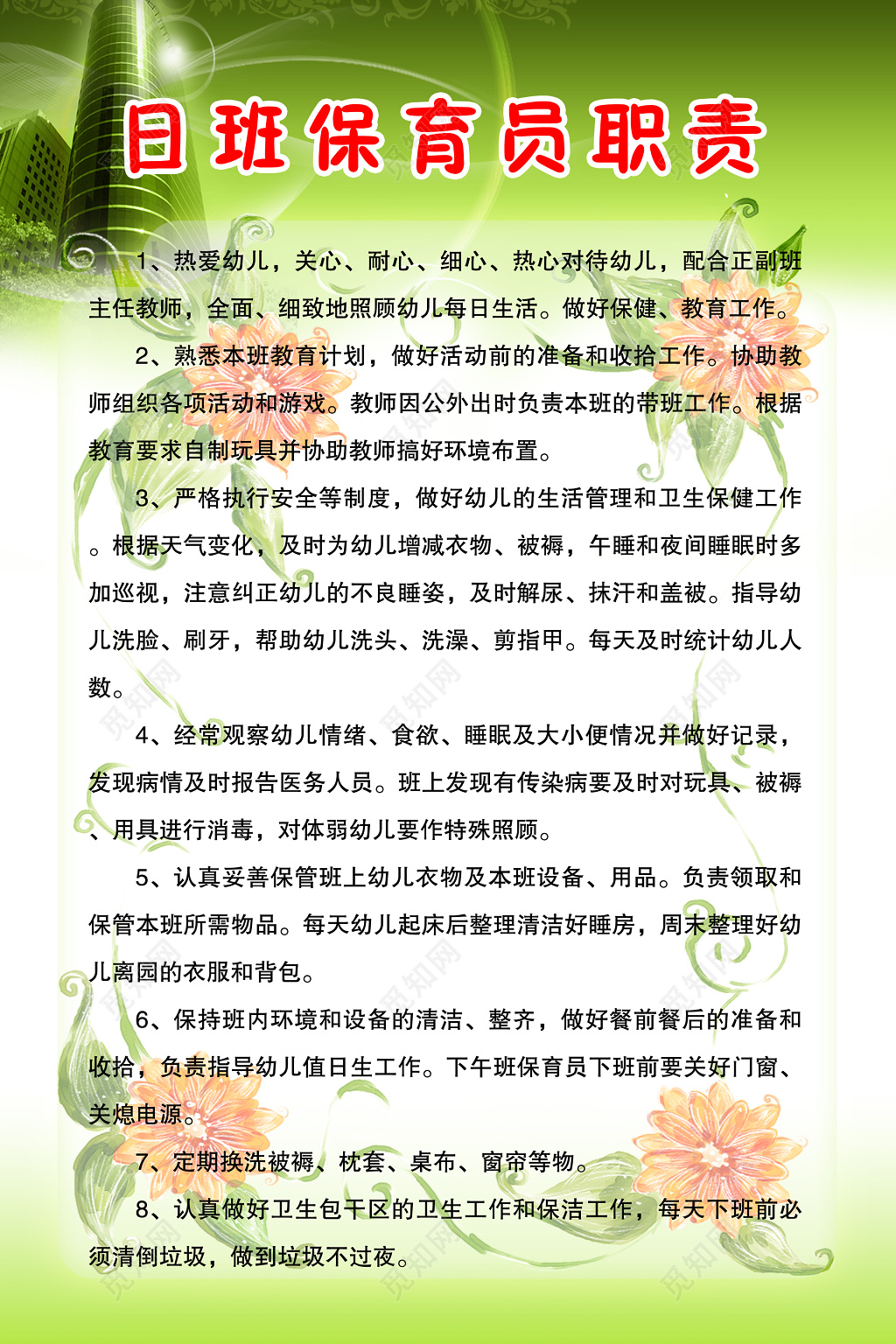幼儿园保育员职责展板