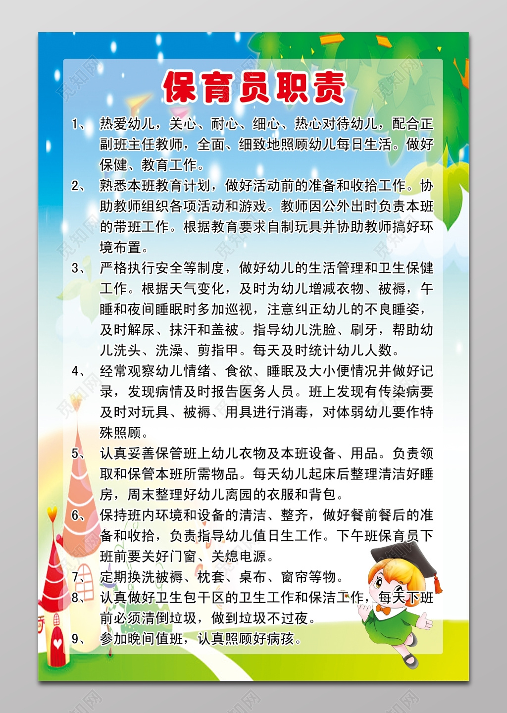 幼儿园保育员职责展板
