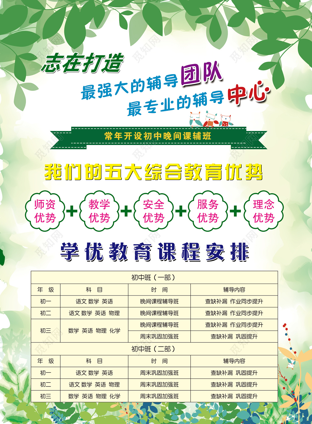 绿色叶子秋季招生补习班成绩课程报名正反宣传单