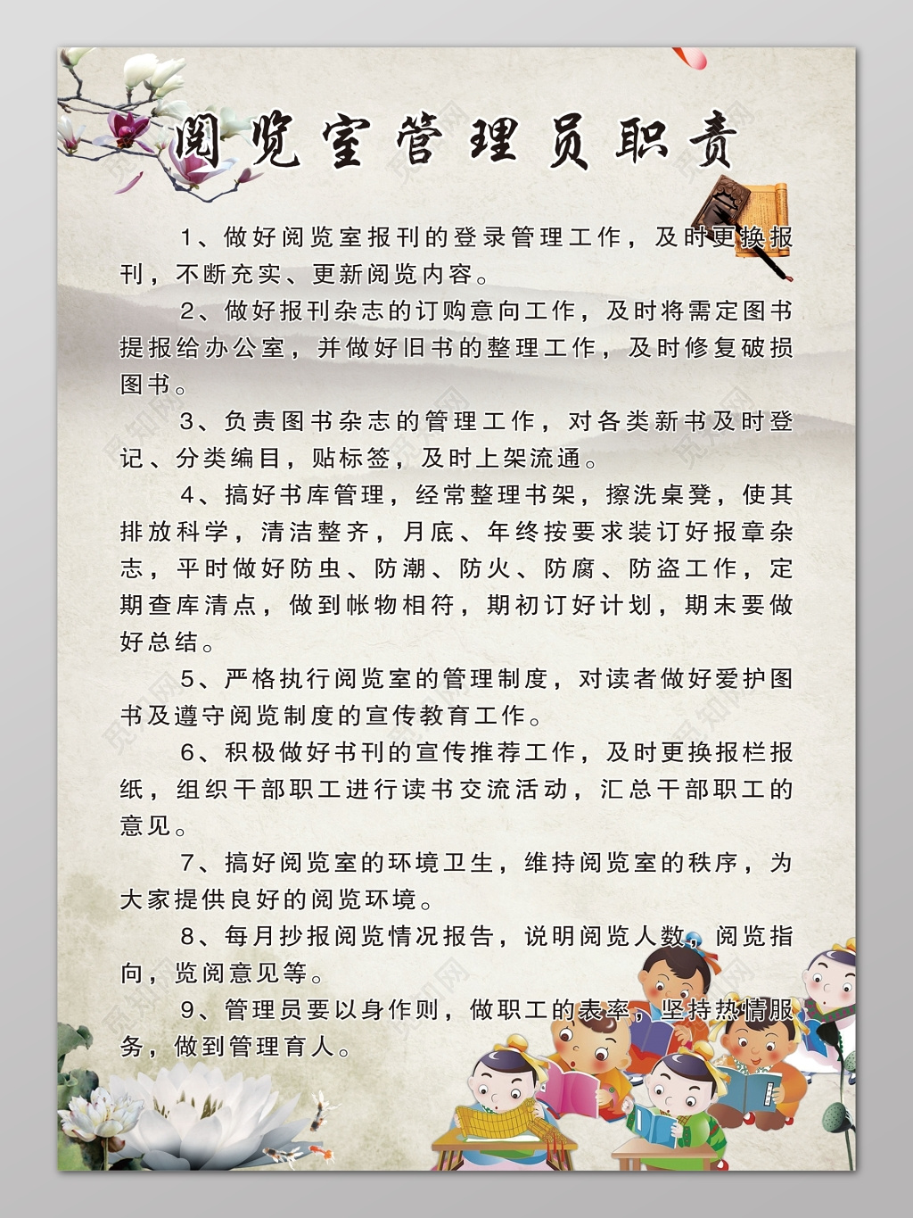 阅览室管理员职责学校制度牌