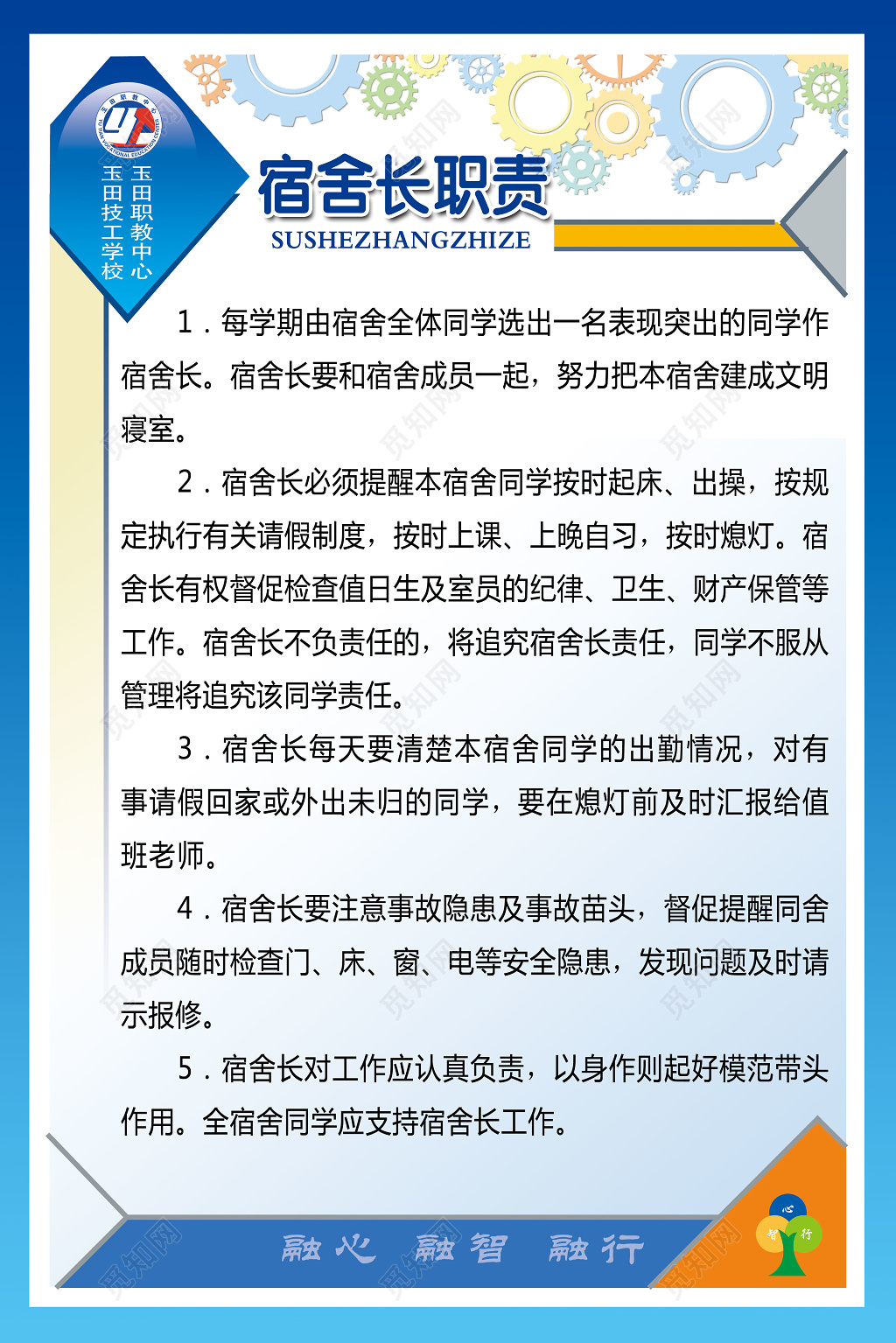 宿舍长职责学校制度牌
