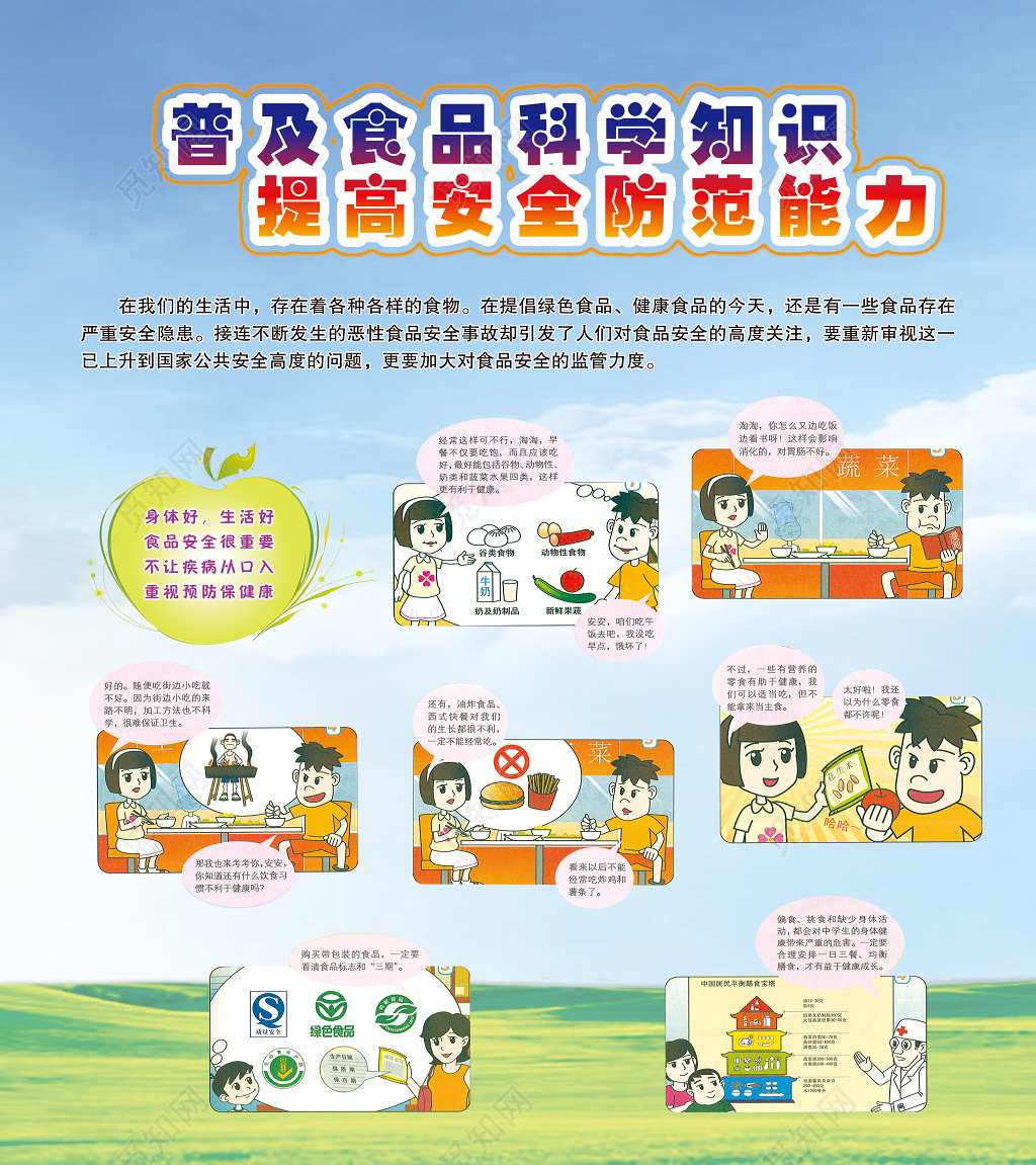 卡通漫画健康普及食品科学知识提高安全防范能力海报