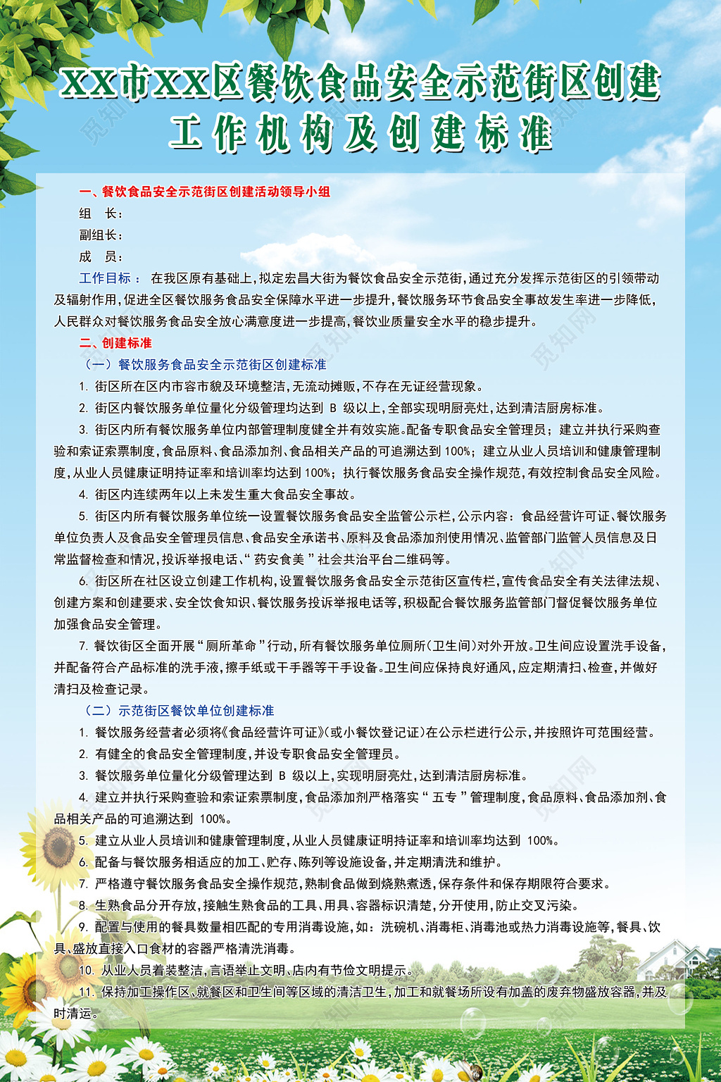 清新餐饮食品安全示范街区创建工作机构创建标准制度牌