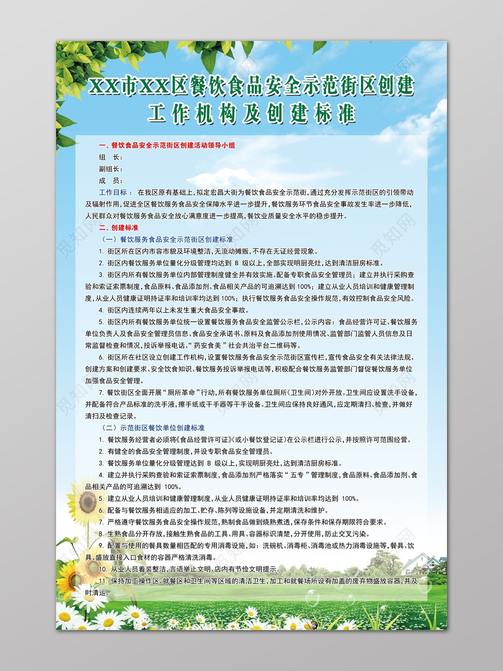 清新餐饮食品安全示范街区创建工作机构创建标准制度牌