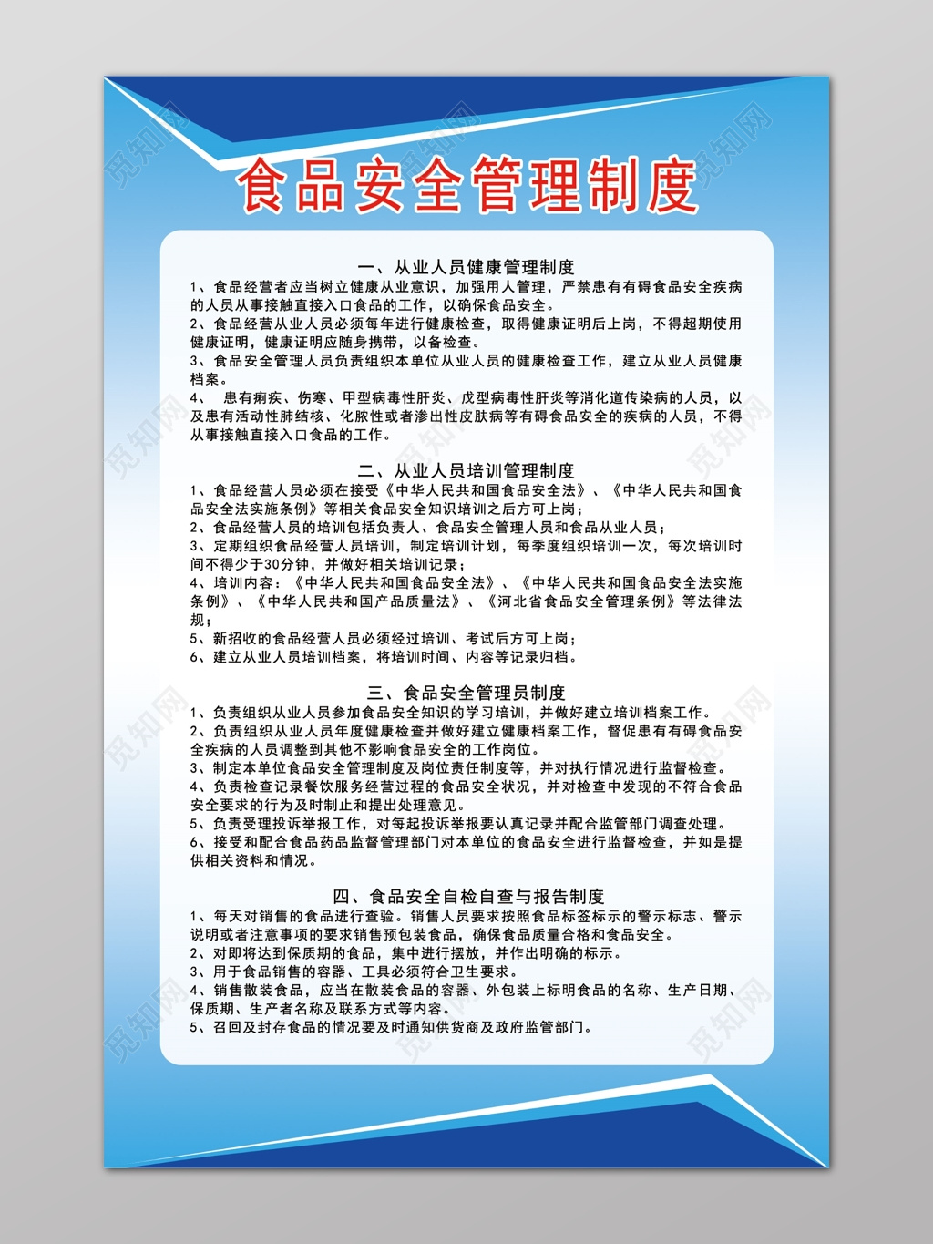 蓝色简约从业人员健康食品安全管理制度牌