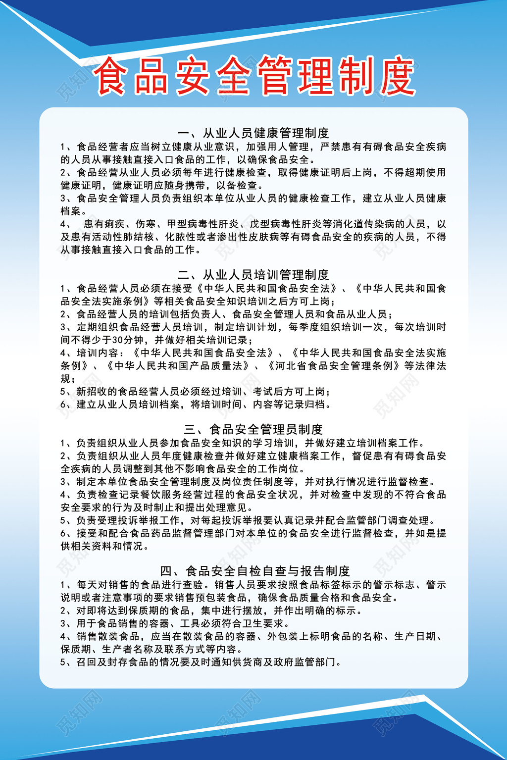 蓝色简约从业人员健康食品安全管理制度牌