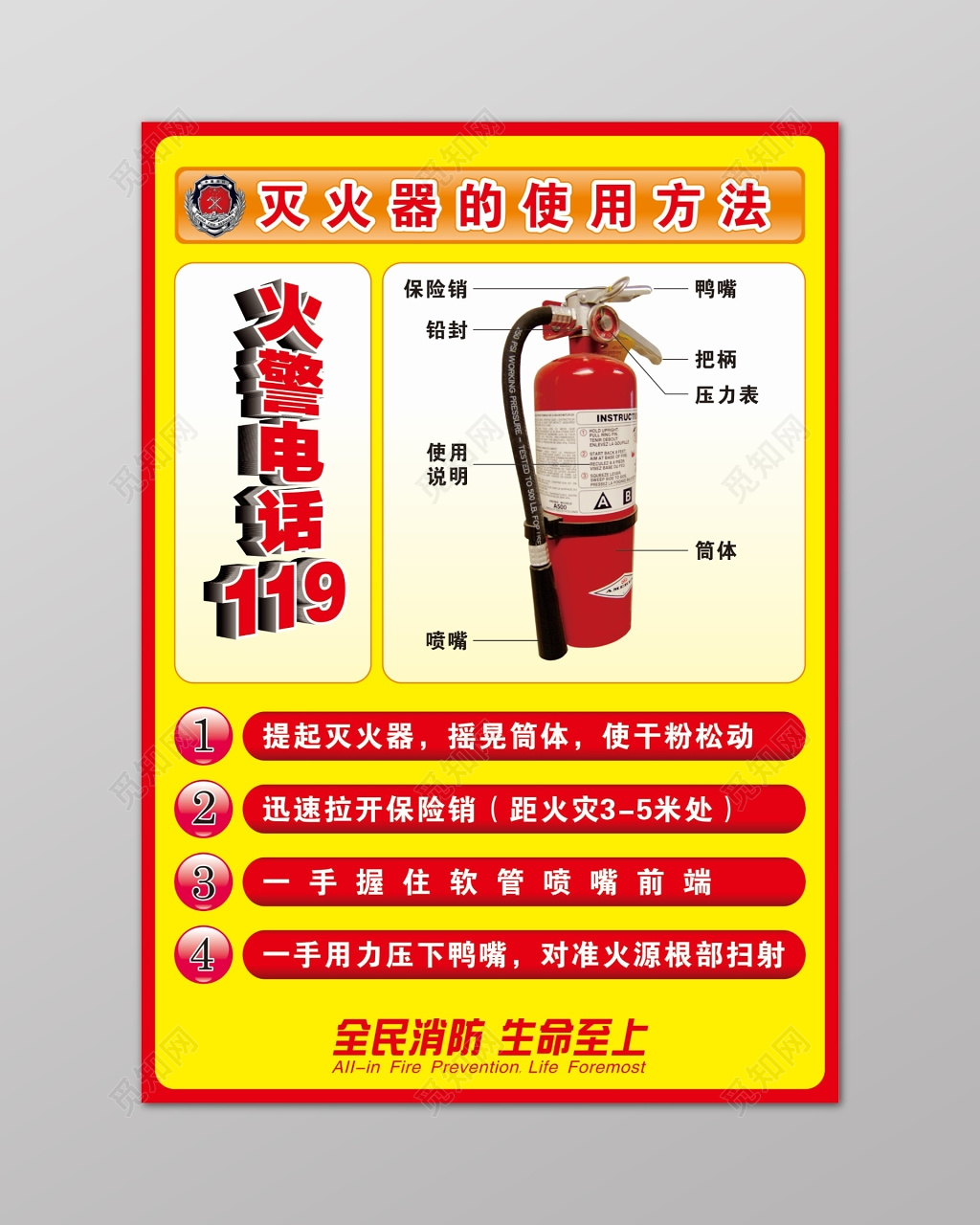 红色灭火器使用方法消防安全安全知识海报