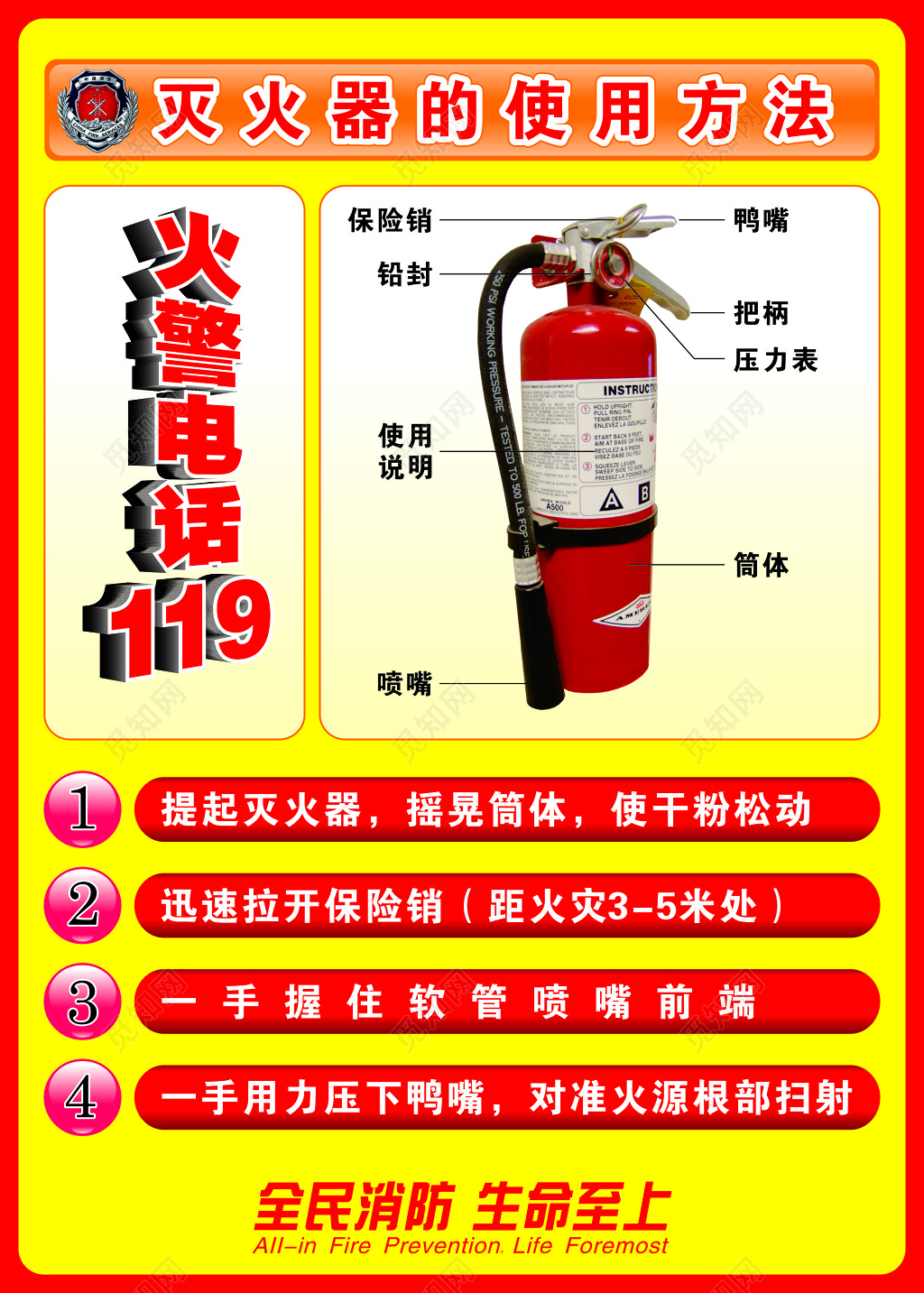 红色灭火器使用方法消防安全安全知识海报