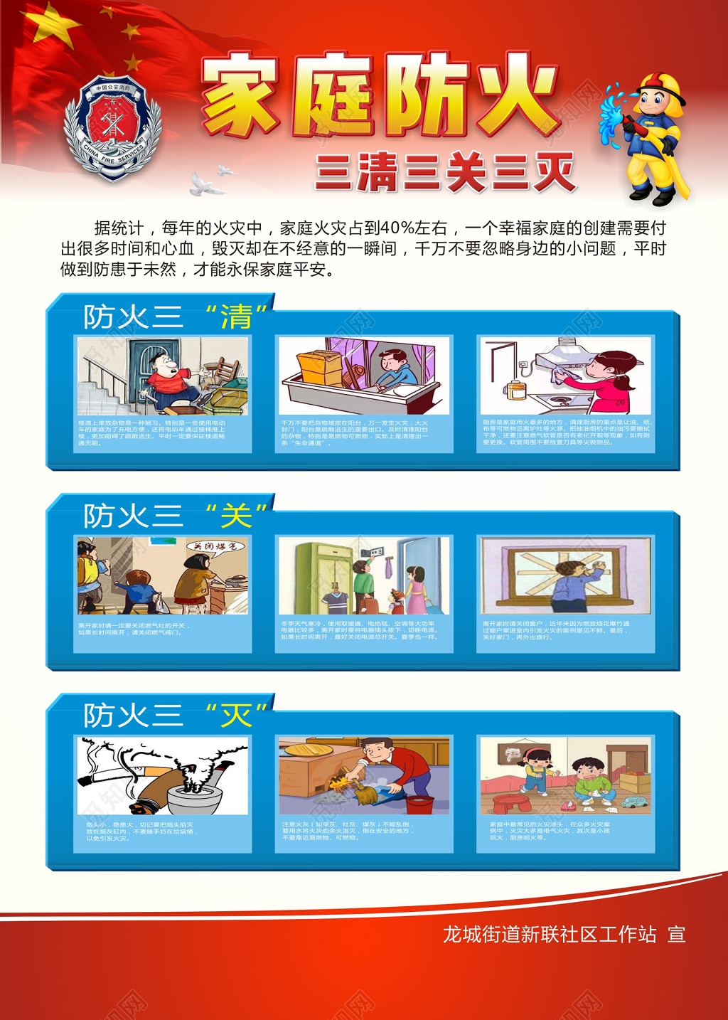 家庭防火三清三关三灭宣传漫画海报