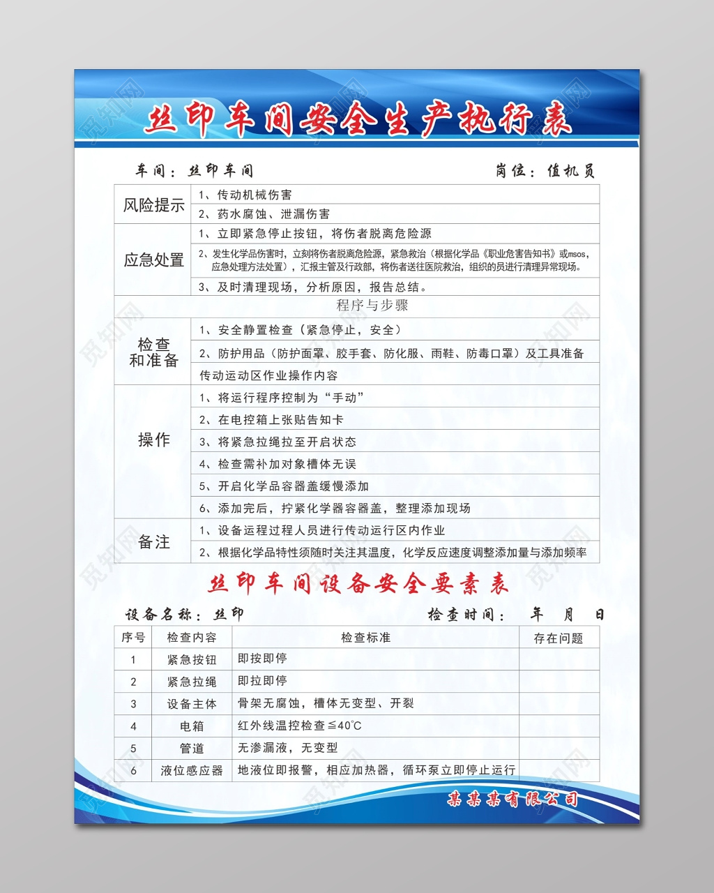 应急处置检查准备操作车间安全生产执行表