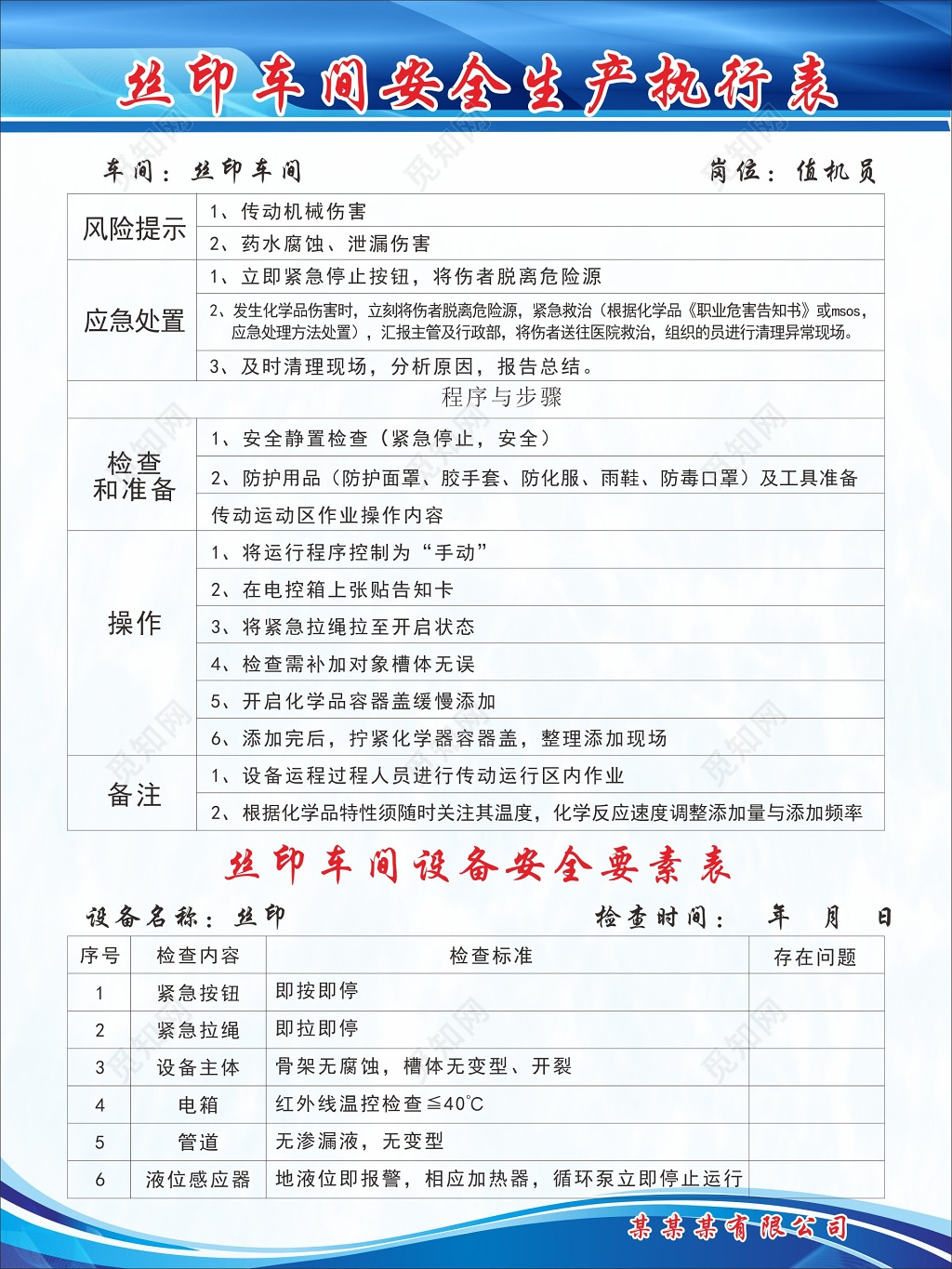 应急处置检查准备操作车间安全生产执行表