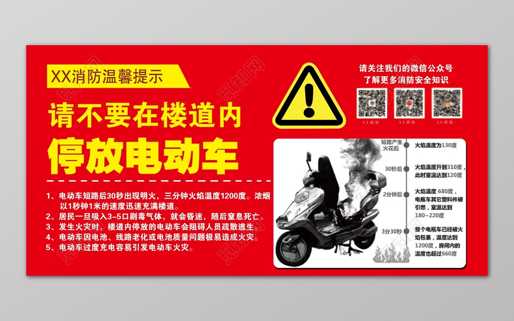 红色楼道不要停放电动车提示消防安全119安全意识展板