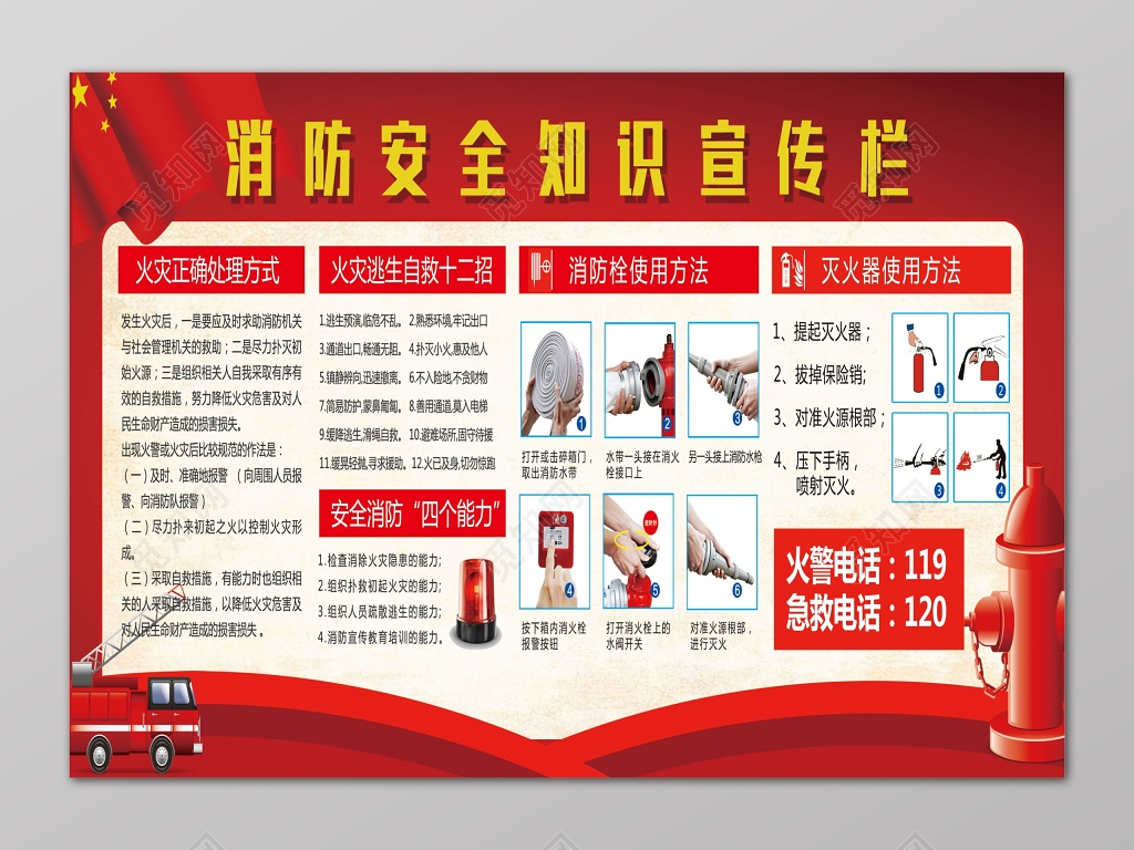 红色消防安全知识119火灾逃生安全意识宣传栏