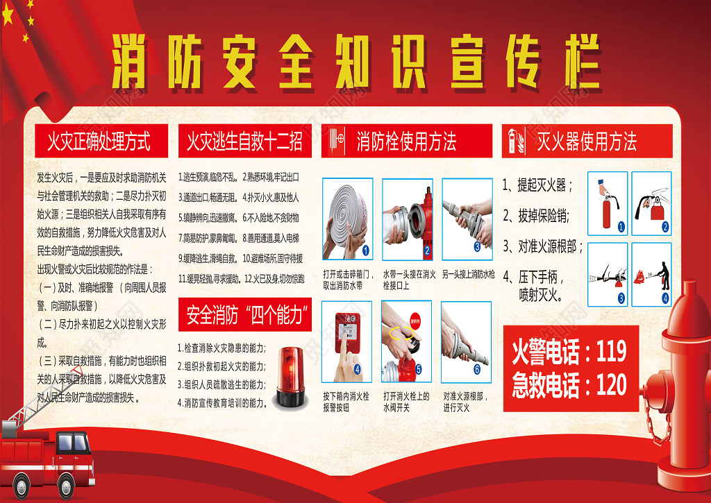 红色消防安全知识119火灾逃生安全意识宣传栏