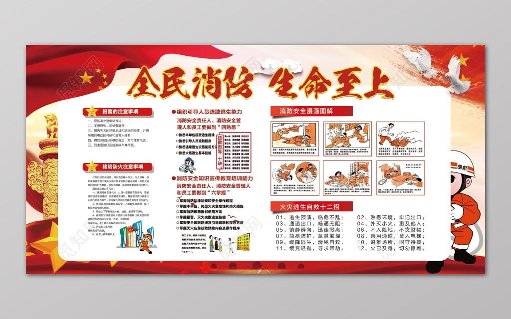 全民消防安全生命至上119安全意识卡通漫画宣传栏