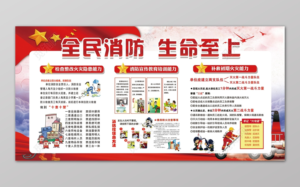 全民消防生命至上安全119安全意识卡通展板