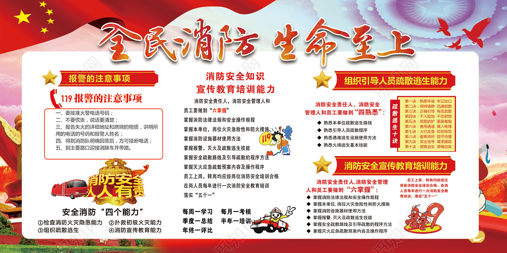国旗全民消防生命至上安全119安全意识卡通宣传栏