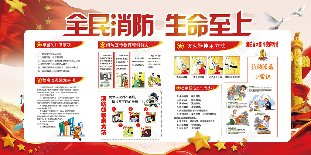 漫画教育全民消防生命至上安全119安全意识宣传栏