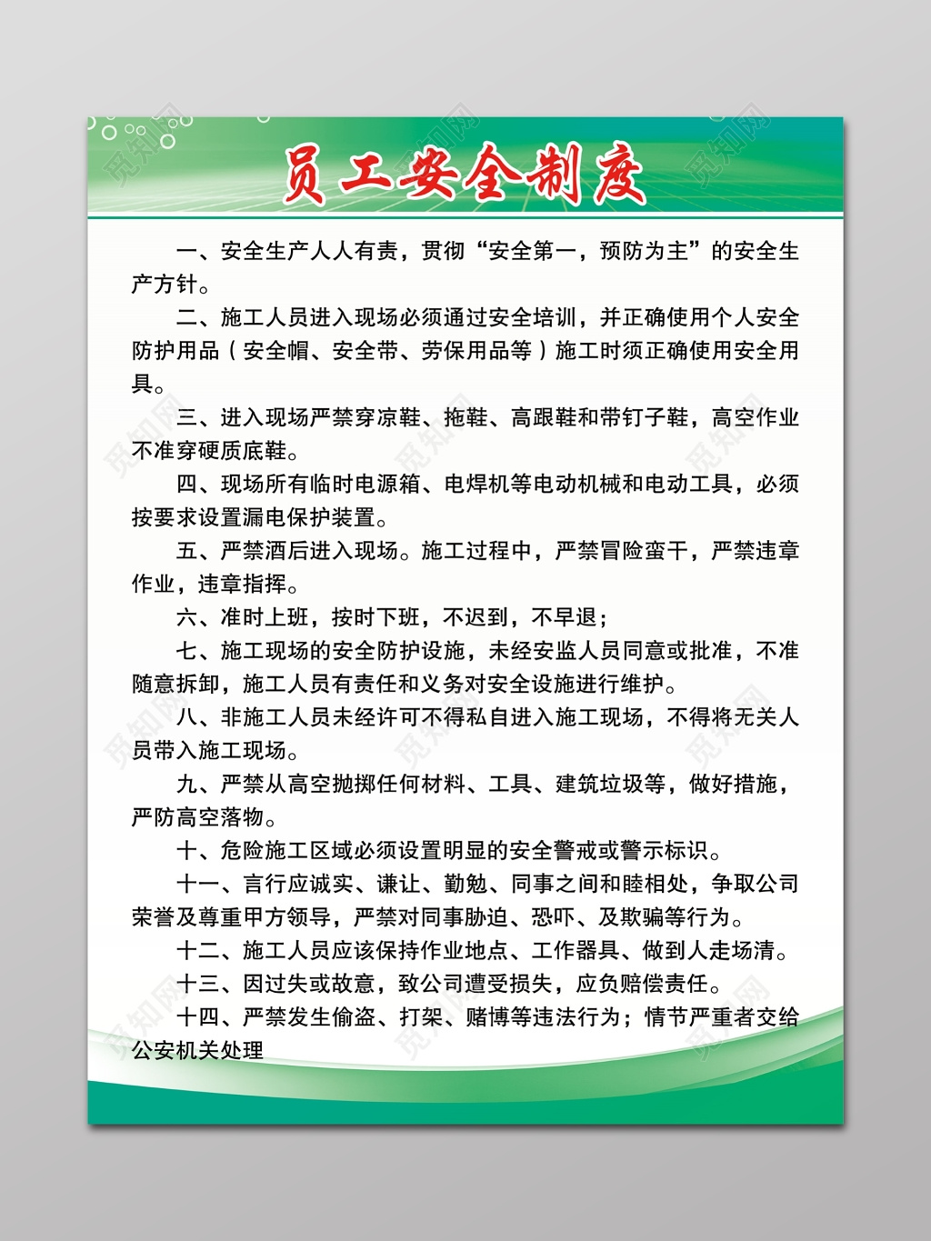 施工工程员工安全制度展板