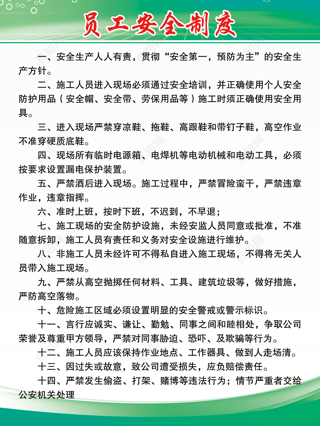 施工工程员工安全制度展板