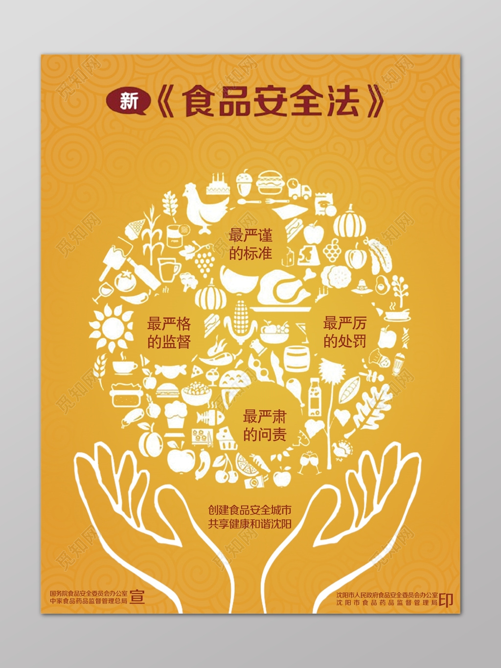 橙色新食品安全法卡通食物手海报