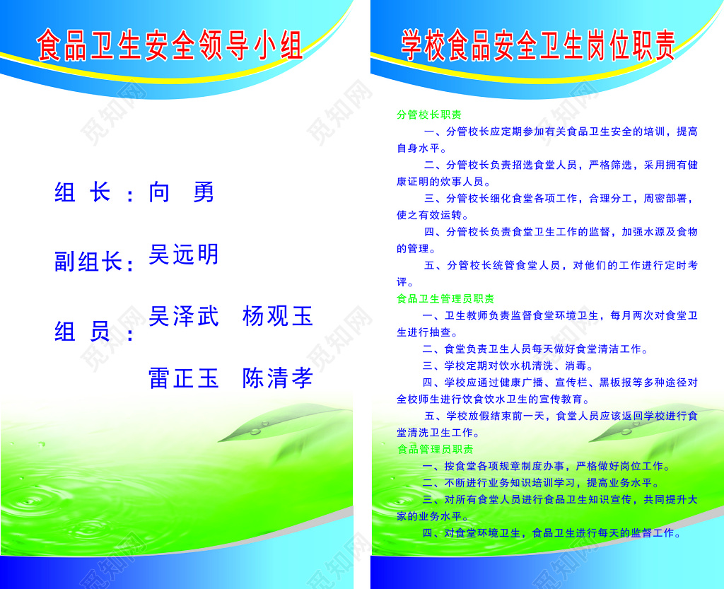 食品卫生安全领导小组岗位职责制度