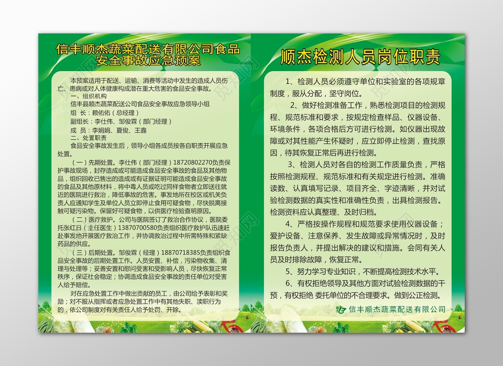 蔬菜配送食品安全事故应急预案检测员岗位职责
