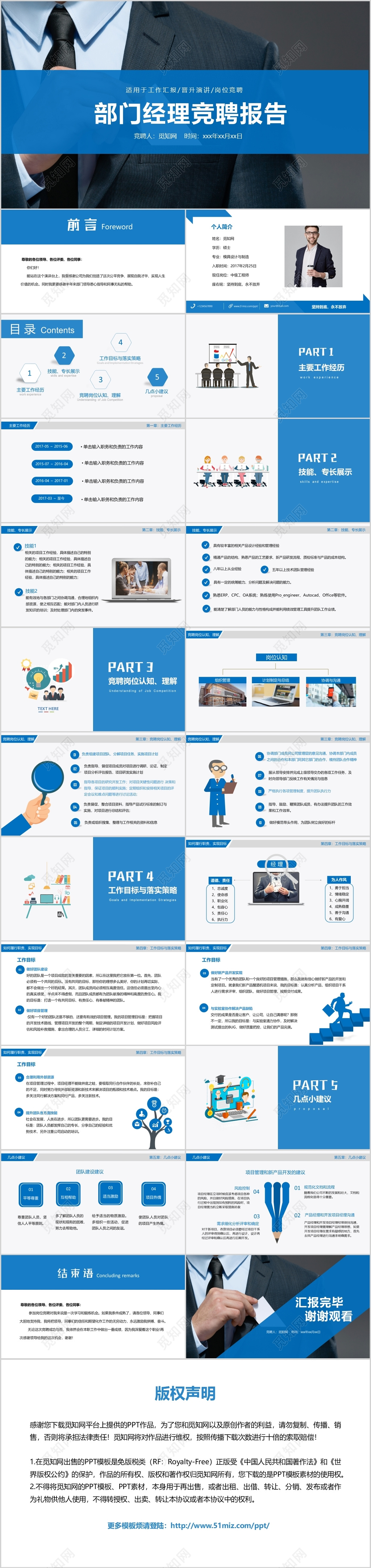 2019蓝色商务简约部门经理竞聘述职年终汇报总结通用PPT