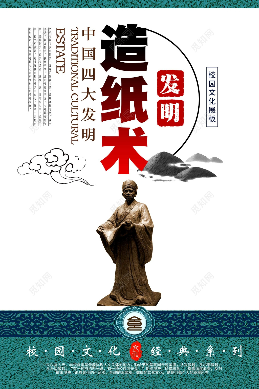 中国四大发明蔡伦造纸术传统文化校园文明宣传海报设计