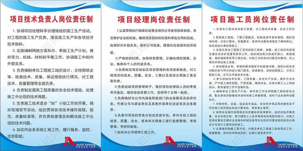 项目技术负责人项目经理项目施工员岗位责任制度牌