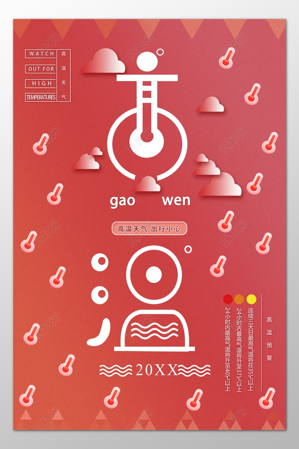 夏天高温预警出行小心中暑红色海报模板