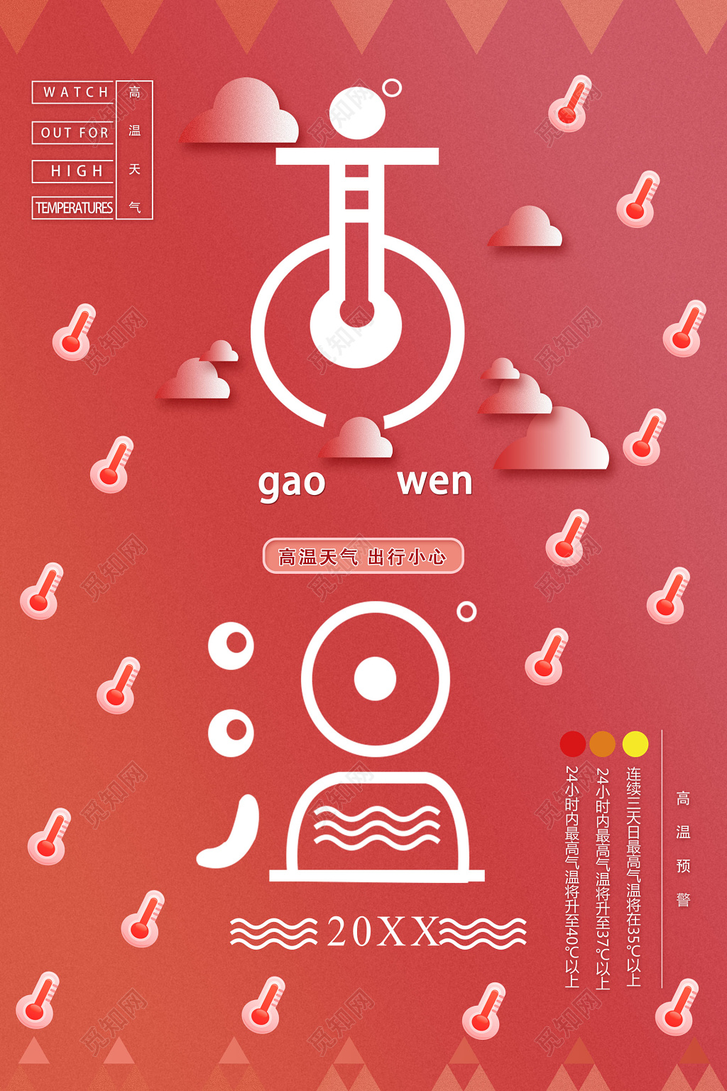 夏天高温预警出行小心中暑红色海报模板