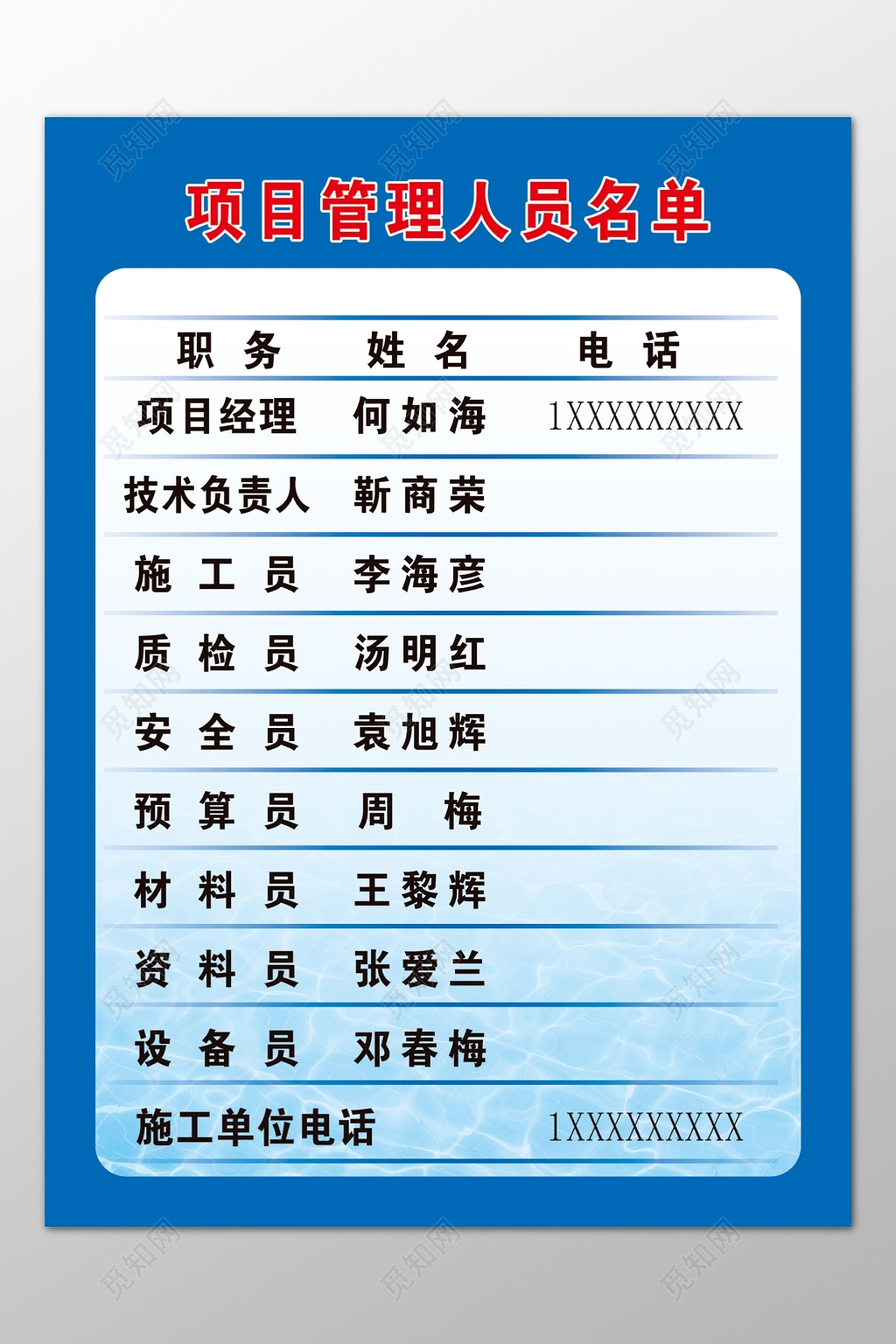 施工工地工程项目管理人员名单公示栏