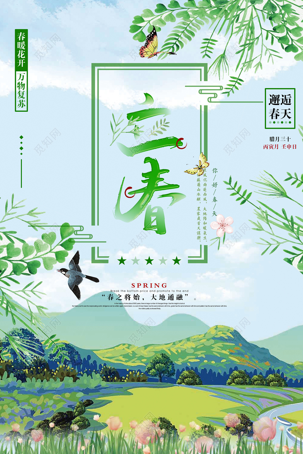 二十四节气立春春天手绘山鸟植物海报
