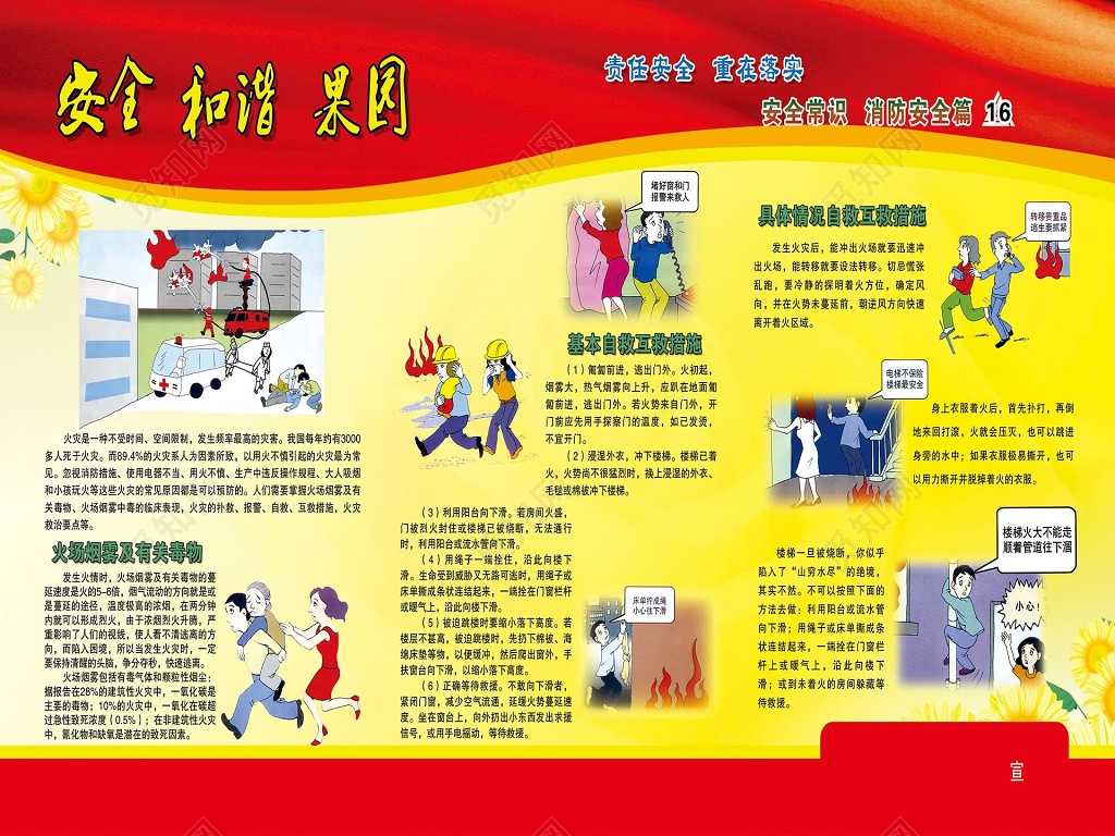 红黄背景119消防安全防火灾提高安全意识宣传栏设计