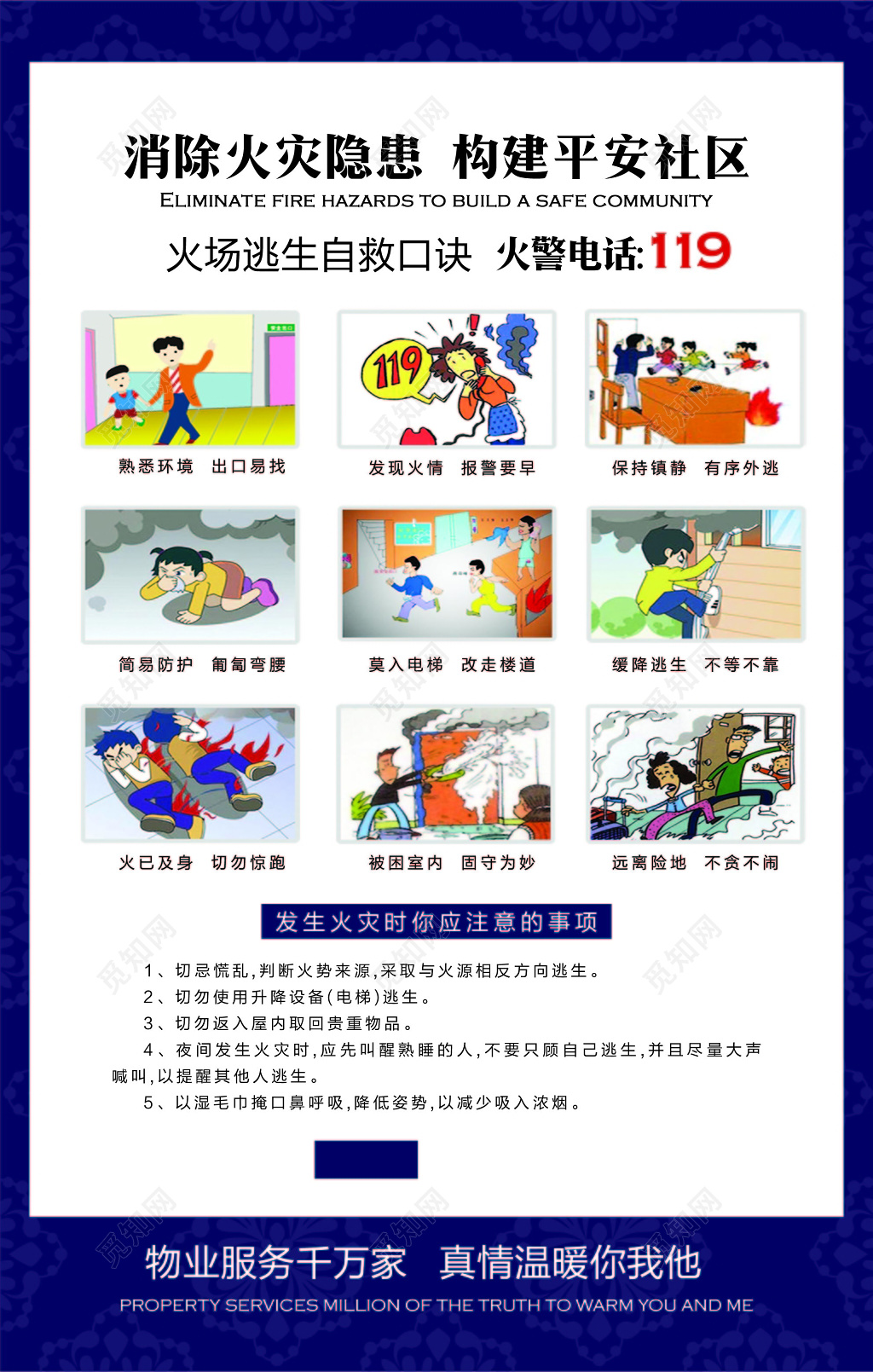 蓝色边框背景消防火灾隐患共建和谐社区消防安全海报设计