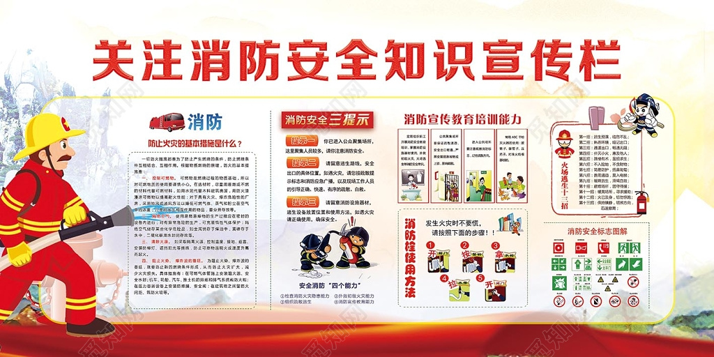 红色边框背景关注消防安全知识宣传栏展板设计