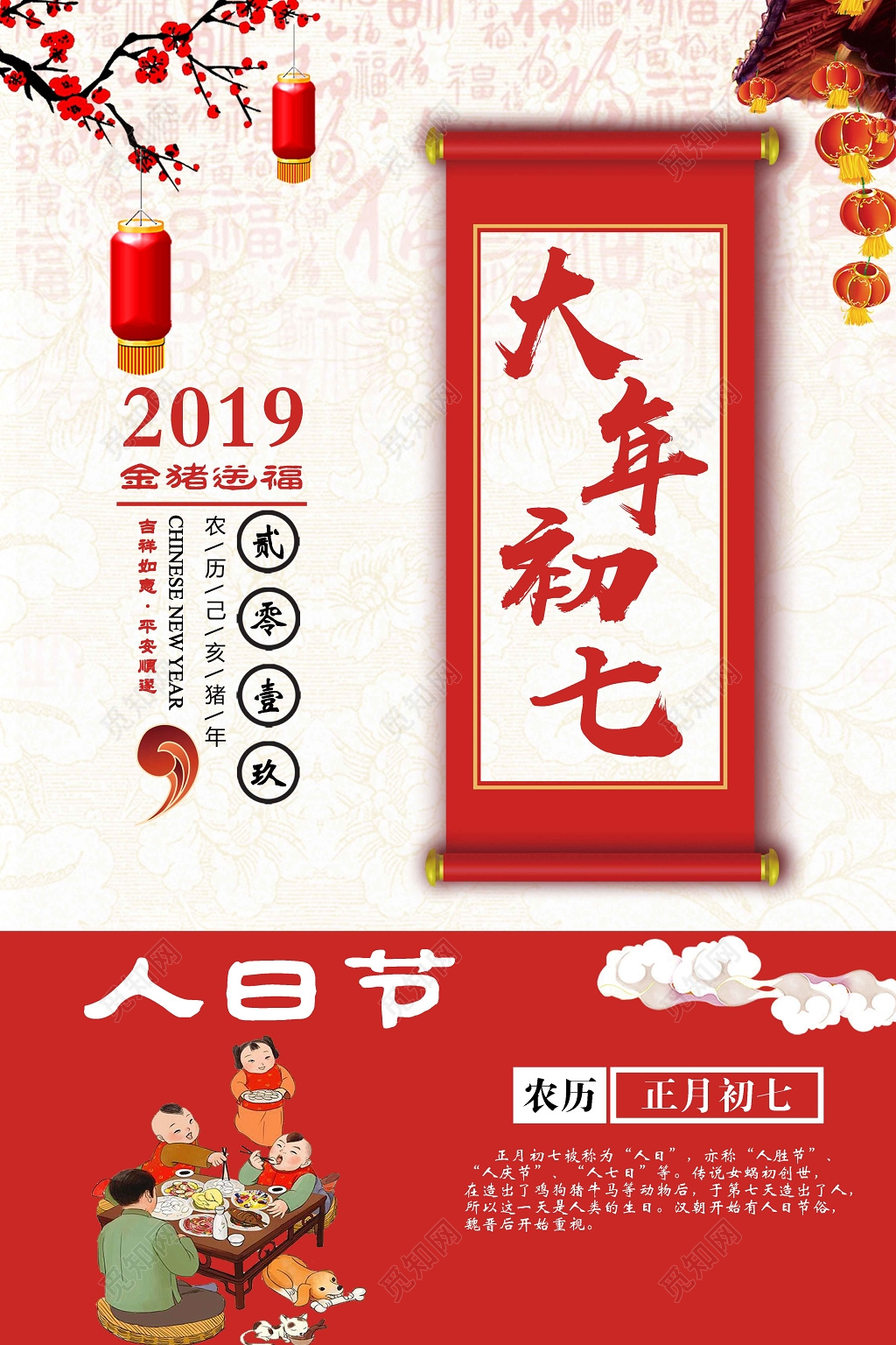 春节2019猪年新年过年大年初七人日节海报
